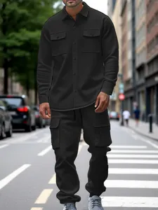 Full-body view of heavy fleece black cargo set including lapel jacket and outdoor pants
