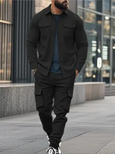 Men's heavy fleece-lined workwear jacket and cargo pants set in outdoor urban setting
