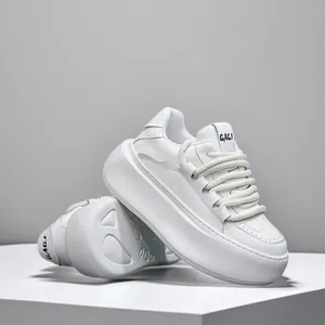 Men Chunky Bread Shoes Split Leather Thick Sole Sneakers European Trendy White Casual Platform Sneakers Height Increasing Shoes