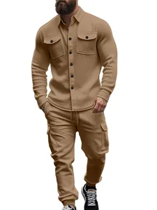 Detailed view of khaki men's heavy fleece cargo suit with lapel jacket and matching pants