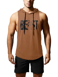 Canotta marrone da uomo con cappuccio per fitness con stampa grafica BEAST e coulisse