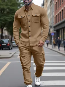 Outdoor detail of khaki men's fleece-lined workwear jacket and cargo pants sweatshirt set
