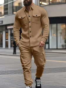 Detailed view of men's heavyweight khaki fleece utility jacket and matching cargo pants.