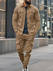 Detail of men's heavy-duty brown cargo sweatshirt suit with outdoor utility style