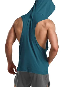 Vista posteriore di una canotta sportiva blu petrolio con cappuccio da uomo per fitness.