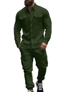 Detailed macro view of heavyweight olive green men's utility fleece set with cargo pockets