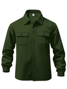 Detail view of a men's heavy dark green fleece-lined workwear jacket with chest pockets.