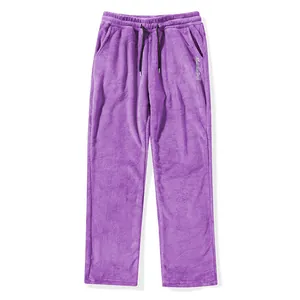 Close-up of purple coral fleece sweatpants with adjustable drawstring waist