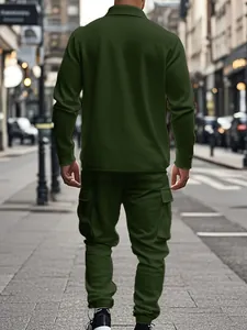 Back view of a heavy-weight olive green fleece cargo sweatshirt and jogger set for men.