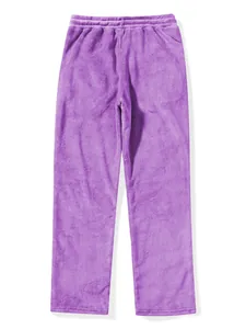 Close-up view of soft purple coral fleece lounge pants with a comfortable elastic waist