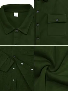 Close-up of heavy dark green corduroy shirt details including chest pocket and snaps