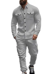 Full view of grey heavy fleece-lined men's utility shirt jacket and cargo pants set