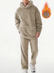 Full view detail of men's coral fleece hoodie and pants set showing relaxed fit