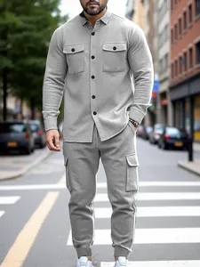 Men's heavy grey fleece cargo tracksuit set featuring button-up shirt and matching joggers