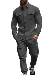 Full view of dark grey heavy fleece workwear set with jacket and cargo pants.