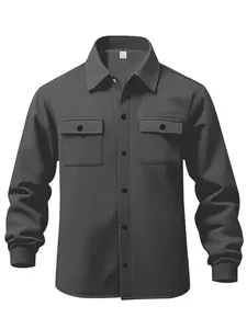Macro view of a heavy-duty dark grey men's fleece jacket with utility pockets