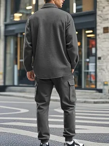 Back view of a heavy men's fleece cargo sweatshirt set with a loose outdoor jacket
