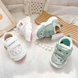 Lightweight toddler walking shoes with soft soles and velcro in cherry and sage green.