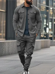 Men's heavy fleece cargo jacket and pants set for outdoor tactical and casual wear