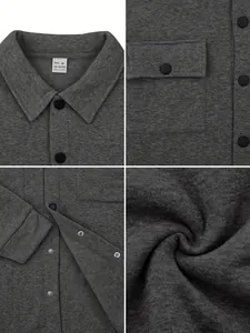 Details of men's grey heavyweight fleece jacket with collar, pockets, and snap buttons