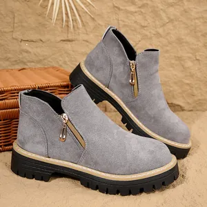 Bottines à plateforme en daim gris pour femmes avec fermeture éclair latérale élégante