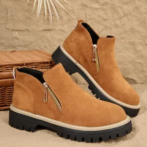 Bottines épaisses pour femmes en daim camel avec fermeture éclair latérale et bout rond