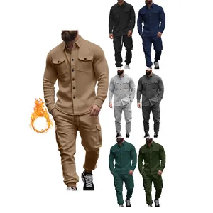 Men's Fleece Lined Cargo Jacket And Pants Top And Bottom American Vintage Casual Long Sleeve Turn Down Collar Winter