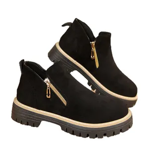 Bottines à plateforme en daim noir pour femmes avec bout rond et fermeture éclair