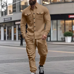 Premium heavyweight men's tan fleece utility tracksuit set with lapel jacket and cargo pants