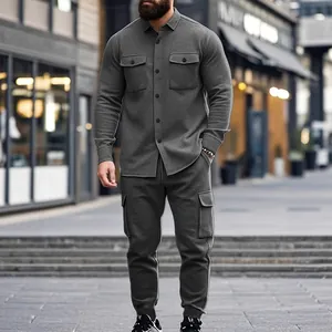 Heavyweight men's fleece utility sweatshirt set with cargo pants in dark grey