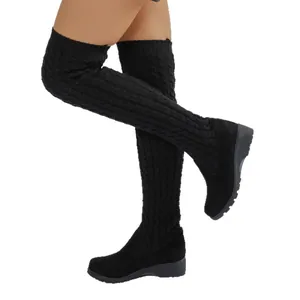 Botas altas por encima de la rodilla negras con cuña y tejido de punto con plataforma