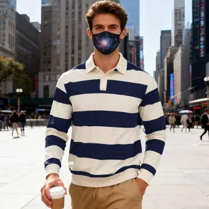 Casual long-sleeve polo shirt with navy blue stripes worn by a man with galaxy mask