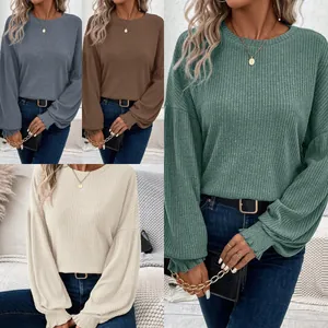 Detailed view of women's casual ribbed long sleeve loose T-shirt in various colors.