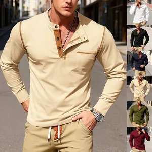 Heren Slim Fit Patchwork Henley Shirt Casual T-Shirt Met Lange Mouwen Met Borstzak Ademend Contraststiksel Top