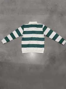 Back view of green and white horizontal striped long sleeve polo sweatshirt with white collar