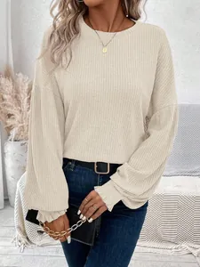 Detailed shot of beige ribbed crew neck long sleeve loose t-shirt for women fashion style
