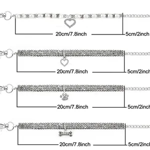 Set of 4 sparkly rhinestone pet collars with heart, paw, and bone charms
