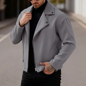 Giacca da motociclista grigia uomo con zip asimmetrica e texture in lana