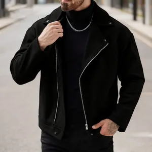 Giacca biker in lana nera da uomo con cerniera diagonale e revers in stile casual