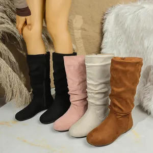 Autumn winter mid-calf slouchy suede boots available in black, pink, beige, and tan.