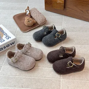 Retro Winter Filz Mary Jane Schuhe mit warmem Fleecefutter für Kinder in Erdtönen