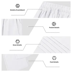Dettagli ravvicinati di pantaloni in lino bianco traspirante con vita tasca e fondo