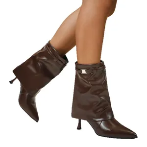 Elegant brown pointed-toe slouchy pant-leg boots with slim kitten heels for women