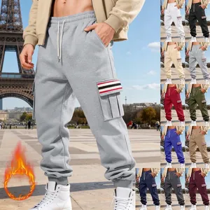 Men's American Winter Fleece Cargo Pants Solid Color Multi-Pocket Striped Sport Joggers Drawstring Cuffed Casual Trousers