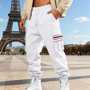 Men's white fleece cargo joggers with multi-pockets and striped detail in Paris setting