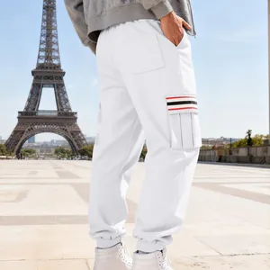 Detailed back view of white men's fleece cargo sweatpants with striped pocket accent