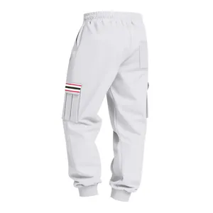 Back-side view of white men's fleece cargo pants with striped pocket detail