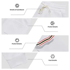 Close-up details of white fleece cargo joggers featuring waistband and pockets
