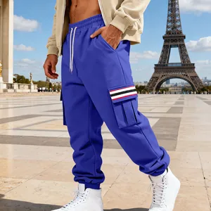 Men's blue fleece cargo sweatpants with multi-pockets and striped details.