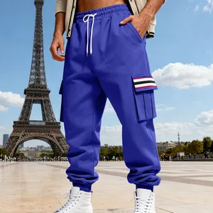 Detailed view of blue men's fleece cargo sweatpants featuring a striped side pocket design